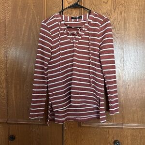 Doe & Rae Maroon and White Striped Long Sleeve Top